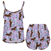 Load image into Gallery viewer, Flower Garden Chocolate Dachshund Women's Cami and Shorts Pajama Set-24