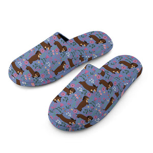 Flower Garden Chocolate Dachshund Women's Cotton Mop Slippers-Footwear-Accessories, Dachshund, Dog Mom Gifts, Slippers-25