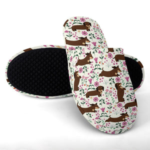 Flower Garden Chocolate Dachshund Women's Cotton Mop Slippers-Footwear-Accessories, Dachshund, Dog Mom Gifts, Slippers-15