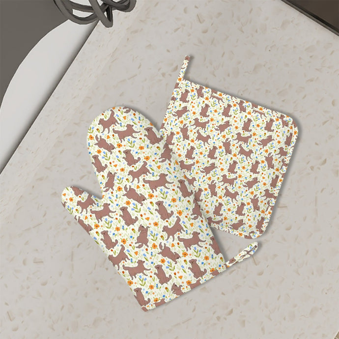 Flower Garden Chocolate Labradors Oven Mitts and Pot Holder Set-Kitchen Decor-Accessories,Chocolate Labrador,Dog Mom Gifts-1