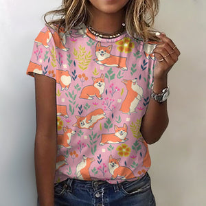 Flower Garden Corgi All Over Print Women's Cotton T-Shirts- 7 Colors-Apparel-Apparel, Corgi, Shirt, T Shirt-Pink-2XS-2