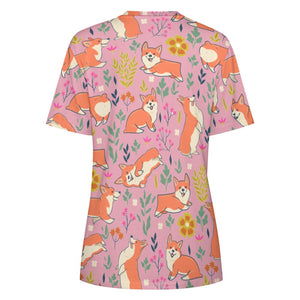 Flower Garden Corgi All Over Print Women's Cotton T-Shirts- 7 Colors-Apparel-Apparel, Corgi, Shirt, T Shirt-14