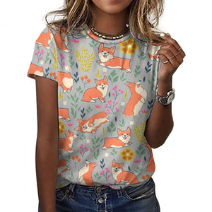 Flower Garden Corgi All Over Print Women's Cotton T-Shirts- 7 Colors-Apparel-Apparel, Corgi, Shirt, T Shirt-Gray-2XS-6