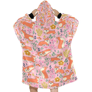 Flower Garden Corgis Blanket Hoodie for Women-Apparel-Apparel, Blankets-6