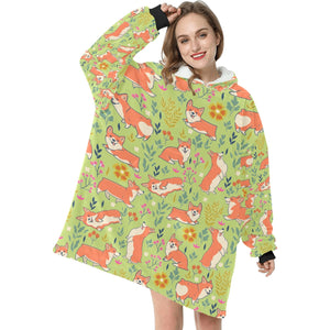 Flower Garden Corgis Blanket Hoodie for Women-Apparel-Apparel, Blankets-7