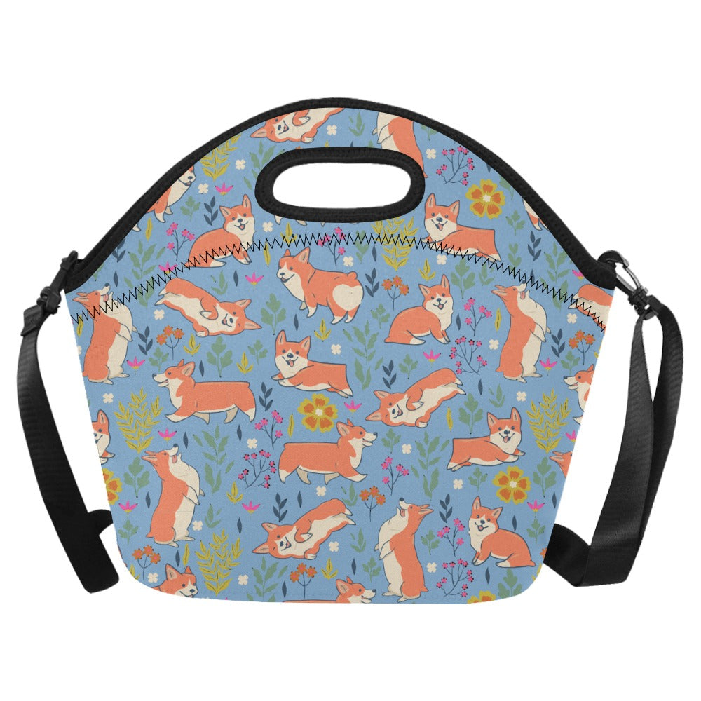 Flower Garden Corgis Neoprene Lunch Bag-Sky Blue-ONESIZE-5