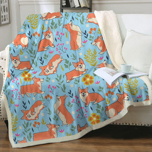 Flower Garden Corgis Soft Warm Fleece Blanket-Blanket-Blankets, Corgi, Home Decor-Sky Blue-Small-2