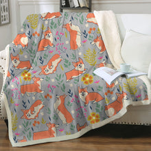 Load image into Gallery viewer, Flower Garden Corgis Soft Warm Fleece Blanket-Blanket-Blankets, Corgi, Home Decor-Warm Gray-Small-3