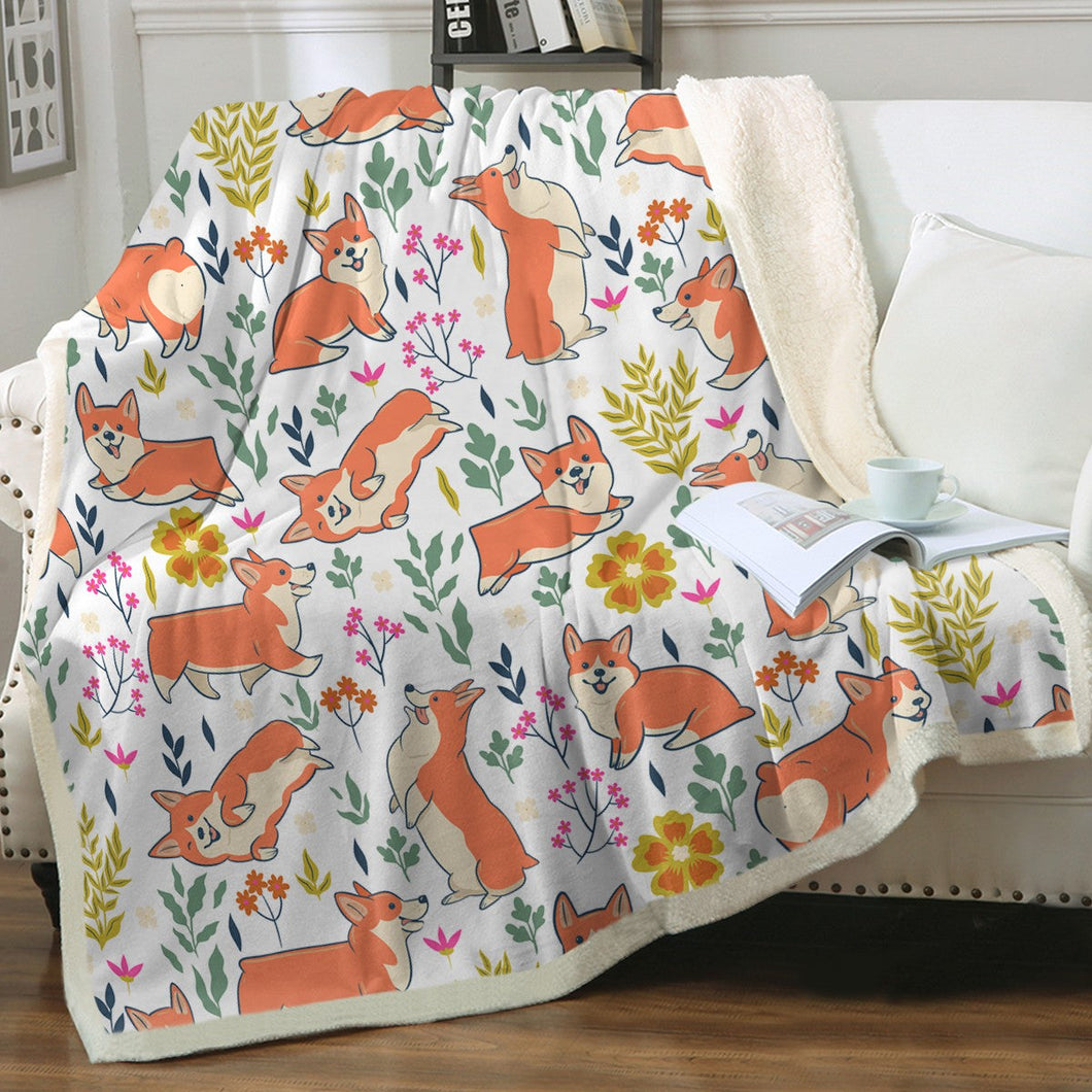 Flower Garden Corgis Soft Warm Fleece Blanket-Blanket-Blankets, Corgi, Home Decor-Ivory-Small-1