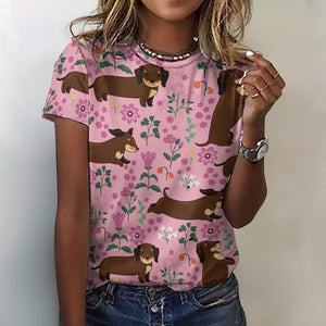 Flower Garden Dachshund All Over Print Women's Cotton T-Shirts - 4 Colors-Apparel-Apparel, Dachshund, Shirt, T Shirt-Pink-2XS-3