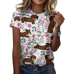 Flower Garden Dachshund All Over Print Women's Cotton T-Shirts - 4 Colors-Apparel-Apparel, Dachshund, Shirt, T Shirt-19