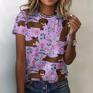 Flower Garden Dachshund All Over Print Women's Cotton T-Shirts - 4 Colors-Apparel-Apparel, Dachshund, Shirt, T Shirt-Plum-2XS-4