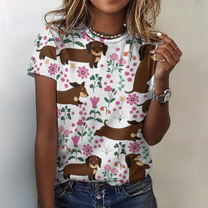 Flower Garden Dachshund All Over Print Women's Cotton T-Shirts - 4 Colors-Apparel-Apparel, Dachshund, Shirt, T Shirt-White-2XS-1