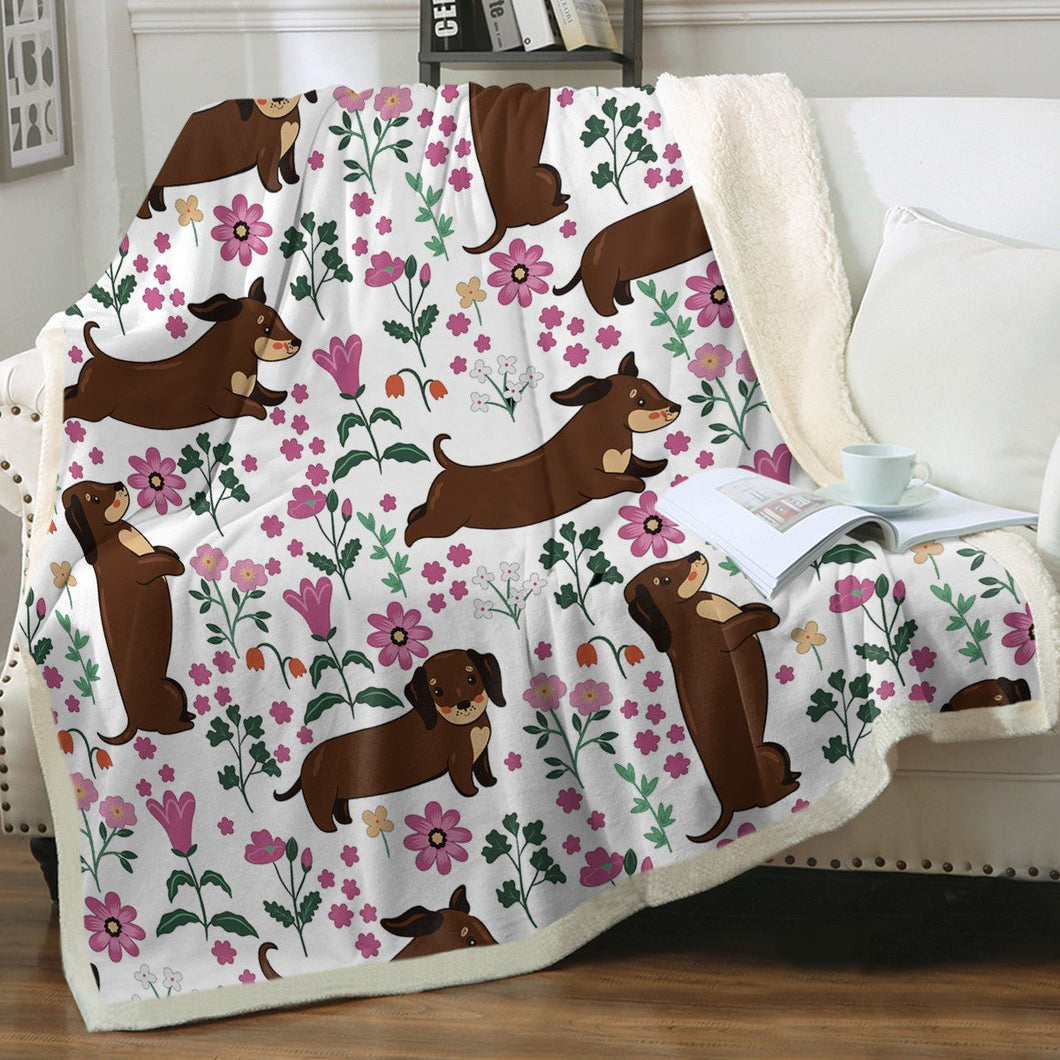 Flower Garden Dachshunds Soft Warm Fleece Blanket-Blanket-Blankets, Dachshund, Home Decor-Ivory-Small-1