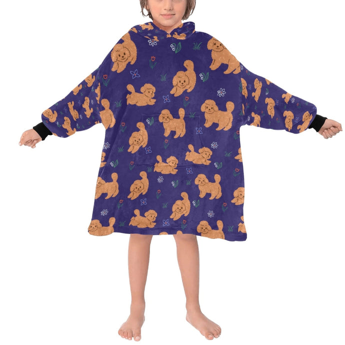 image of a kid wearing a midnight blue colored blanket hoodie for kids