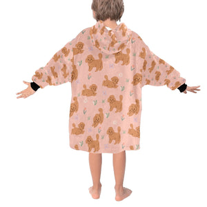 Image of  peach colored doodle blanket hoodie for kids - back view