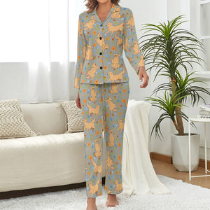 Flower Garden Golden Retrievers Pajamas Set for Women-Pajamas-Apparel, Golden Retriever, Pajamas-10