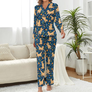 Flower Garden Golden Retrievers Pajamas Set for Women-Pajamas-Apparel, Golden Retriever, Pajamas-Midnight Blue-S-4