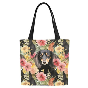 Flower Garden Long Haired Black and Tan Dachshunds Canvas Tote Bags - Set of 2-Accessories-Accessories, Bags, Dachshund-8