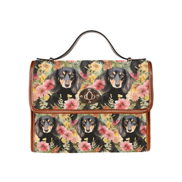 Flower Garden Long Haired Black And Tan Dachshunds Shoulder Purse Bag 360x