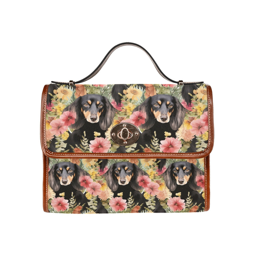 Flower Garden Long Haired Black and Tan Dachshunds Shoulder Purse Bag-Accessories, Bags, Purse-Black2-ONE SIZE-1