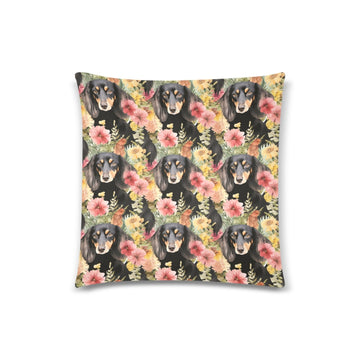 Flower Garden Long Haired Black Tan Dachshunds Throw Pillow Cover-White2-ONESIZE-2
