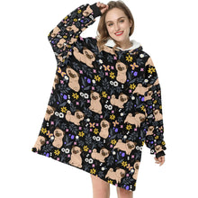 Load image into Gallery viewer, Flower Garden Pug Love Blanket Hoodie for Women - 5 Colors-Apparel-Apparel, Blankets, Hoodie, Pug-Black-9