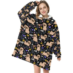 Flower Garden Pug Love Blanket Hoodie for Women - 5 Colors-Apparel-Apparel, Blankets, Hoodie, Pug-Black-9