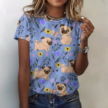 Load image into Gallery viewer, Flower Garden Pug Love All Over Print Women&#39;s Cotton T-Shirt - 4 Colors-Apparel-Apparel, Pug, Shirt, T Shirt-2XS-CornflowerBlue-10
