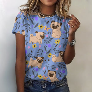 Flower Garden Pug Love All Over Print Women's Cotton T-Shirt - 4 Colors-Apparel-Apparel, Pug, Shirt, T Shirt-2XS-CornflowerBlue-10