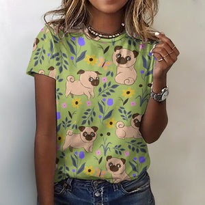 Flower Garden Pug Love All Over Print Women's Cotton T-Shirt - 4 Colors-Apparel-Apparel, Pug, Shirt, T Shirt-2XS-DarkKhaki-13