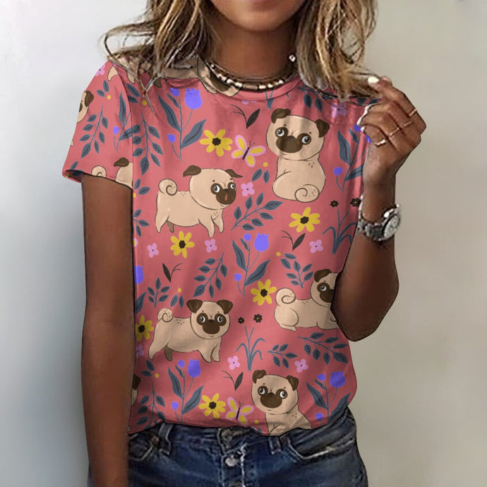 Flower Garden Pug Love All Over Print Women's Cotton T-Shirt - 4 Colors-Apparel-Apparel, Pug, Shirt, T Shirt-2XS-IndianRed-3