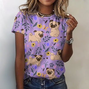 Flower Garden Pug Love All Over Print Women's Cotton T-Shirt - 4 Colors-Apparel-Apparel, Pug, Shirt, T Shirt-2XS-Plum-1