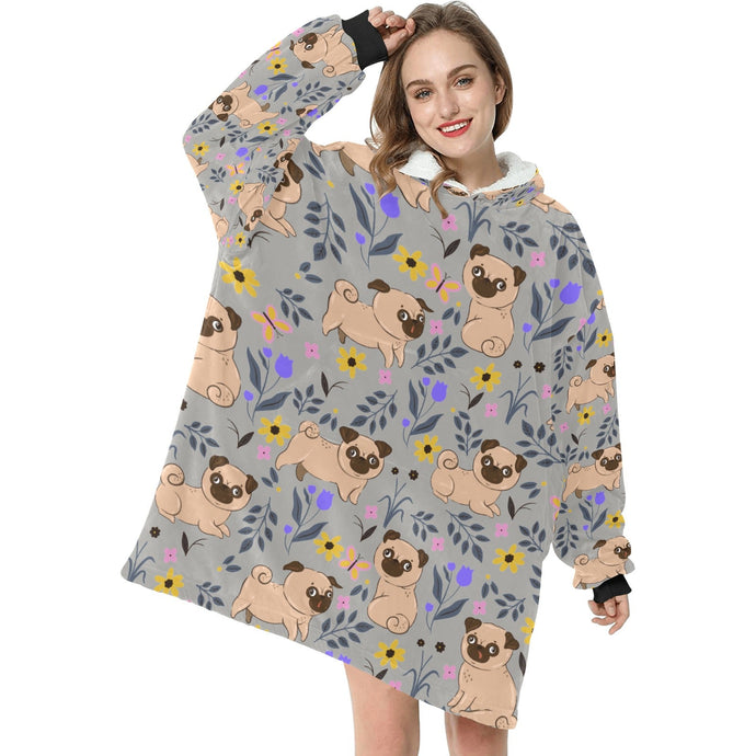 Flower Garden Pug Love Blanket Hoodie for Women-Apparel-Apparel, Blankets-13