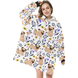 Flower Garden Pug Love Blanket Hoodie for Women-Apparel-Apparel, Blankets-3
