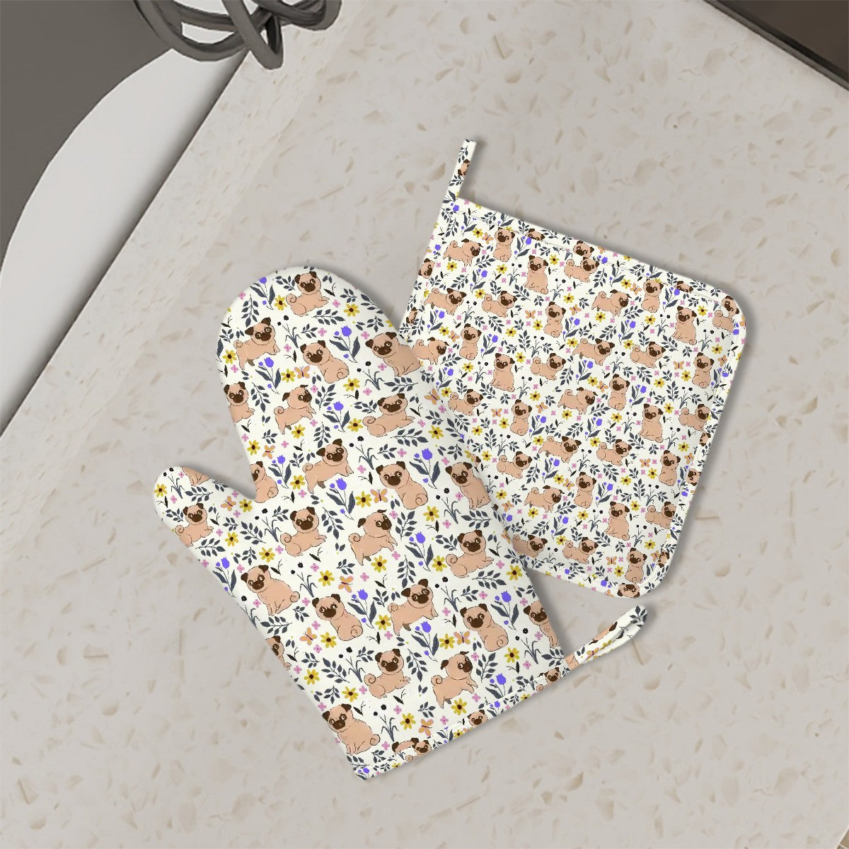 Flower Garden Pug Oven Mitts And Pot Holder Set 11