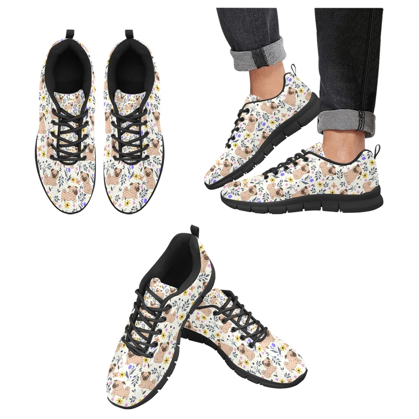 Flower Garden Pug Womens Breathable Sneakers Ivory White Us13 2