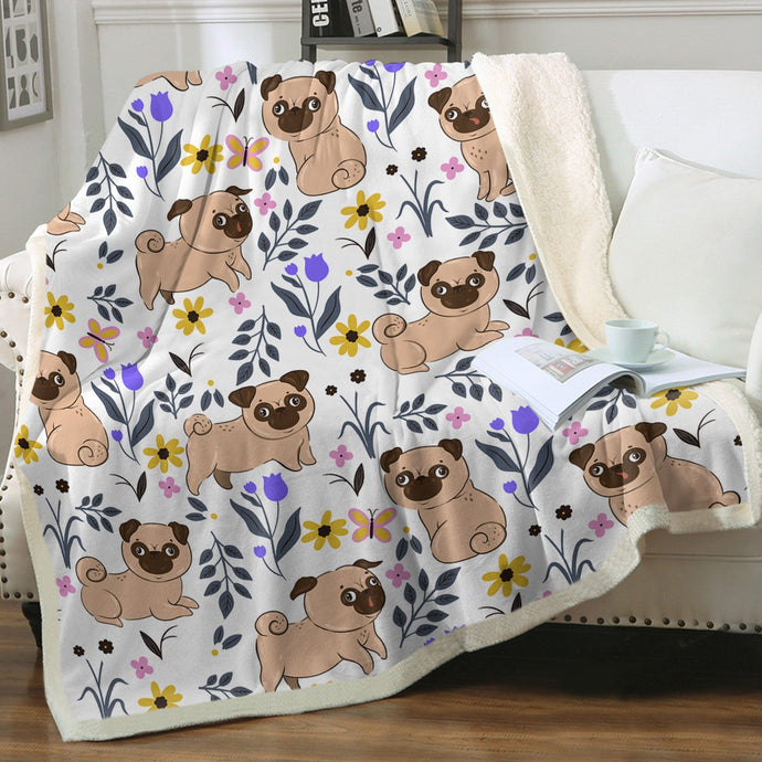 Flower Garden Pugs Love Soft Warm Fleece Blanket-Blanket-Blankets, Home Decor, Pug-Ivory-Small-1