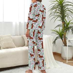 Flower Garden Red Dachshund Love Pajamas Set for Women-Pajamas-Apparel, Dachshund, Pajamas-12