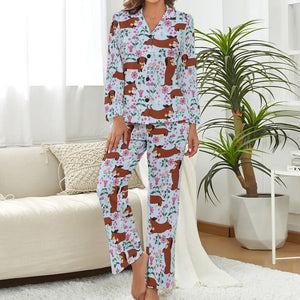 Flower Garden Red Dachshund Love Pajamas Set for Women-Pajamas-Apparel, Dachshund, Pajamas-Light Blue-S-4