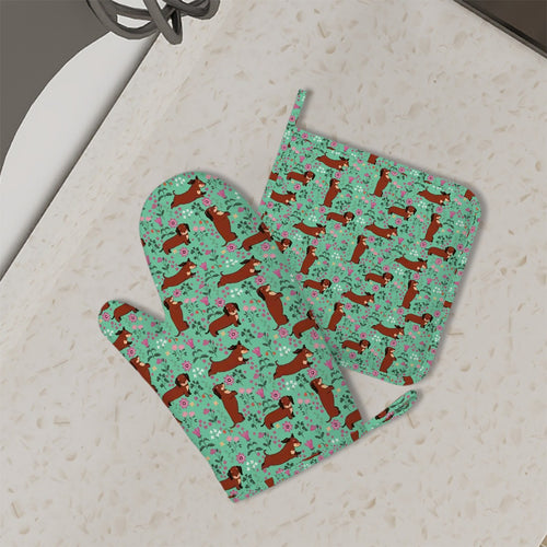 Flower Garden Red Dachshund Oven Mitts and Pot Holder Set-Kitchen Decor-Accessories,Dachshund,Dog Mom Gifts-3