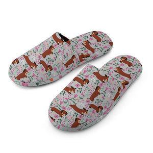 Flower Garden Red Dachshunds Women's Cotton Mop Slippers-Footwear-Accessories, Dachshund, Slippers-10