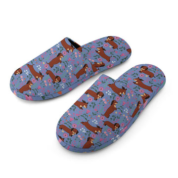 Flower Garden Red Dachshunds Women's Cotton Mop Slippers-Footwear-Accessories, Dachshund, Slippers-12