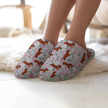 Flower Garden Red Dachshunds Women's Cotton Mop Slippers-Footwear-Accessories, Dachshund, Slippers-13