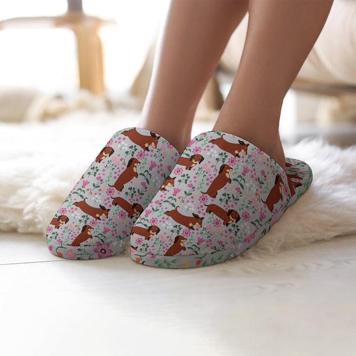 Flower Garden Red Dachshunds Women's Cotton Mop Slippers-Footwear-Accessories, Dachshund, Slippers-13