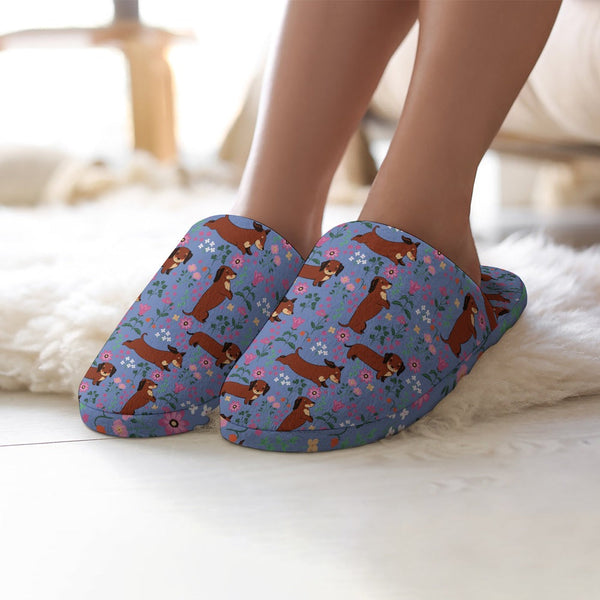 Flower Garden Red Dachshunds Women's Cotton Mop Slippers