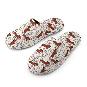 Flower Garden Red Dachshunds Women's Cotton Mop Slippers-Footwear-Accessories, Dachshund, Slippers-3