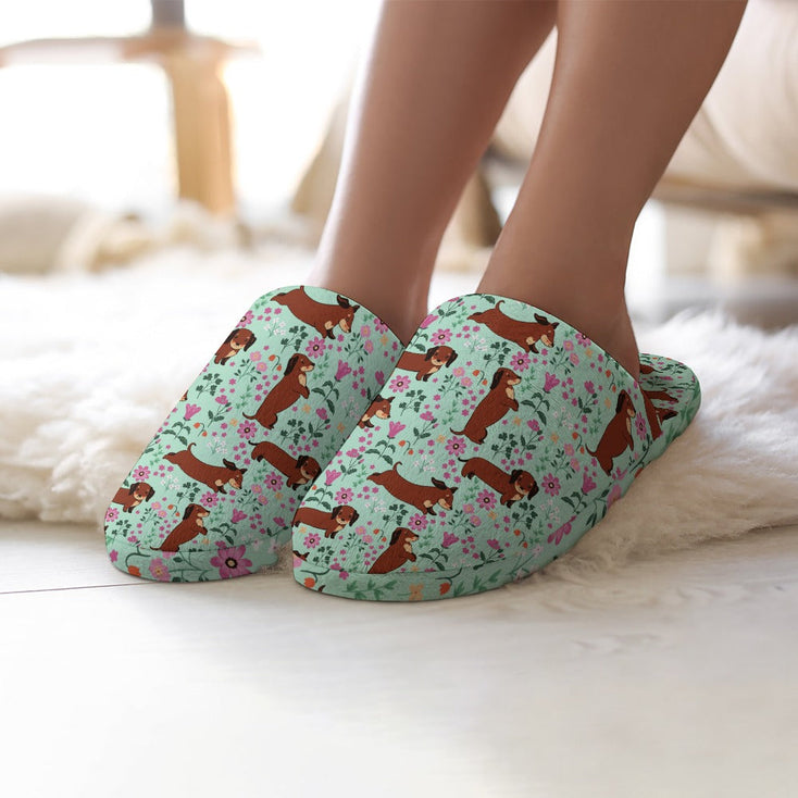 Flower Garden Red Dachshunds Women's Cotton Mop Slippers-Footwear-Accessories, Dachshund, Slippers-7