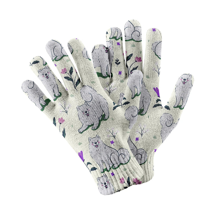 Flower Garden Samoyed Touch Screen Gloves White 750x