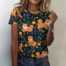 Load image into Gallery viewer, Flower Garden Shiba Inu All Over Print Women&#39;s Cotton T-Shirt - 5 Colors-Apparel-Apparel, Shiba Inu, Shirt, T Shirt-2XS-Black-6
